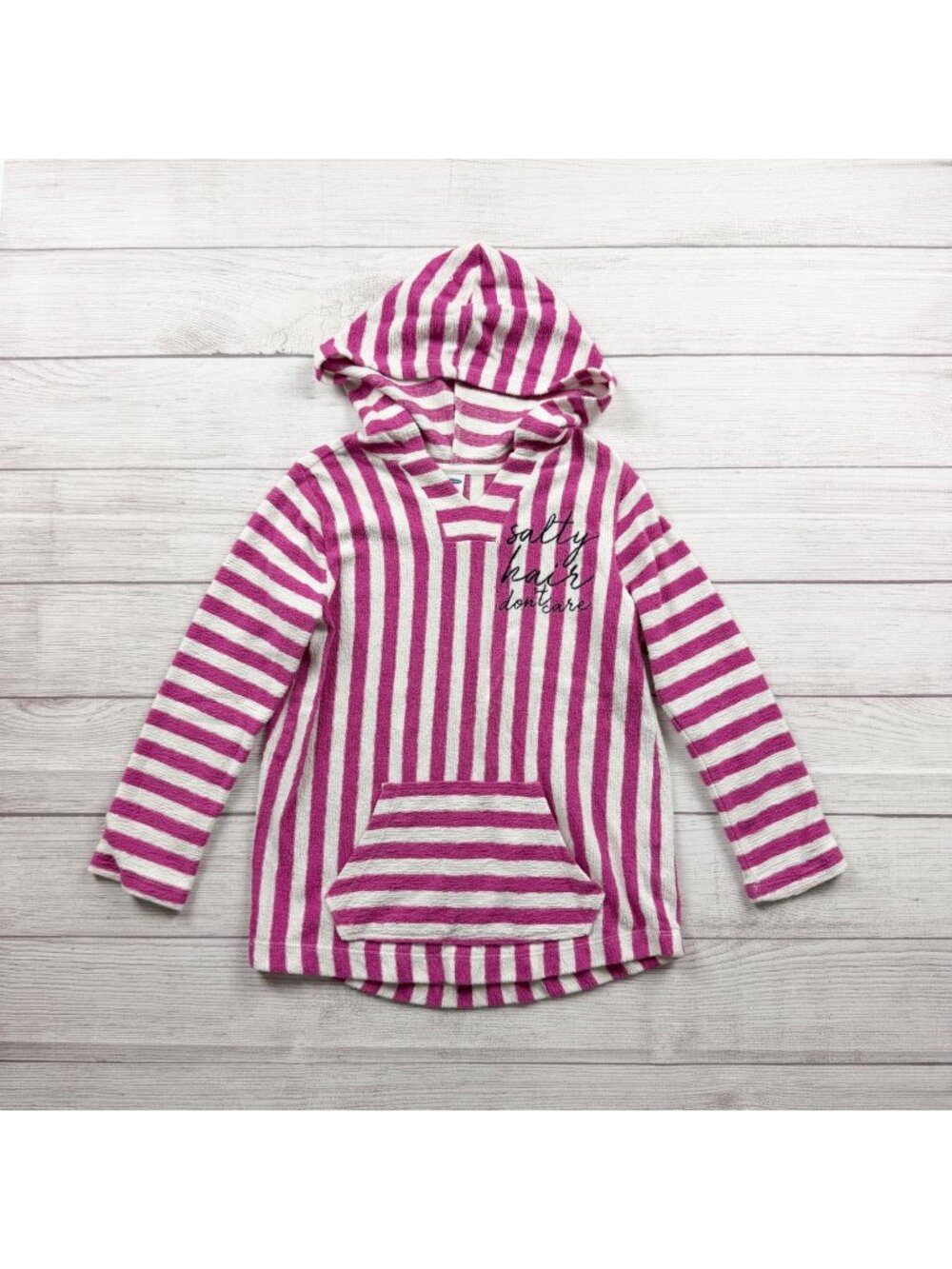 Old Navy Hooded Striped Knit Beach Swim Pullover Pink White M 8